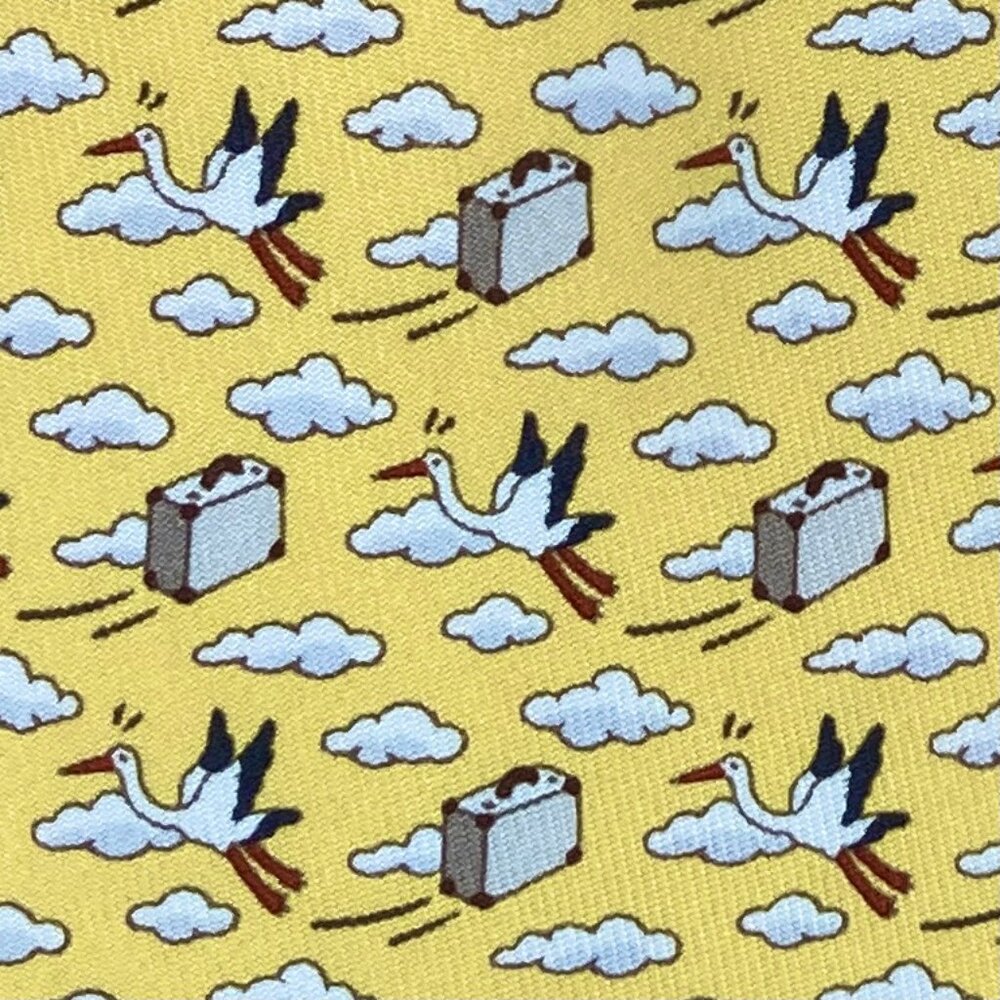 100% REAL HERMES TIE ~ YELLOW w WHIMSICAL STORKS FLYING SKY SUITCASES CLOUDS XL